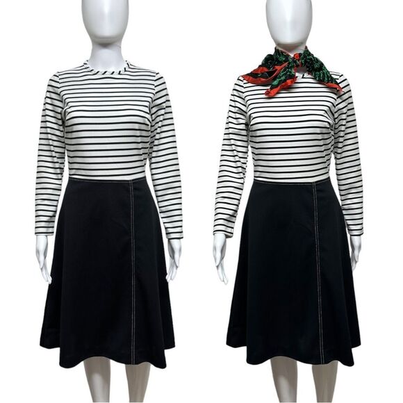 VINTAGE 60s 70s Mod Groovy Black White Polyester Striped Fit & Flare Dress 6 8 S - Picture 7 of 14